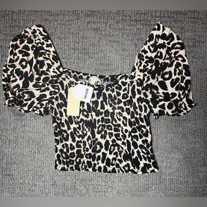 Smocked Leopard Puff-Sleeve Crop Top in Black & Cream